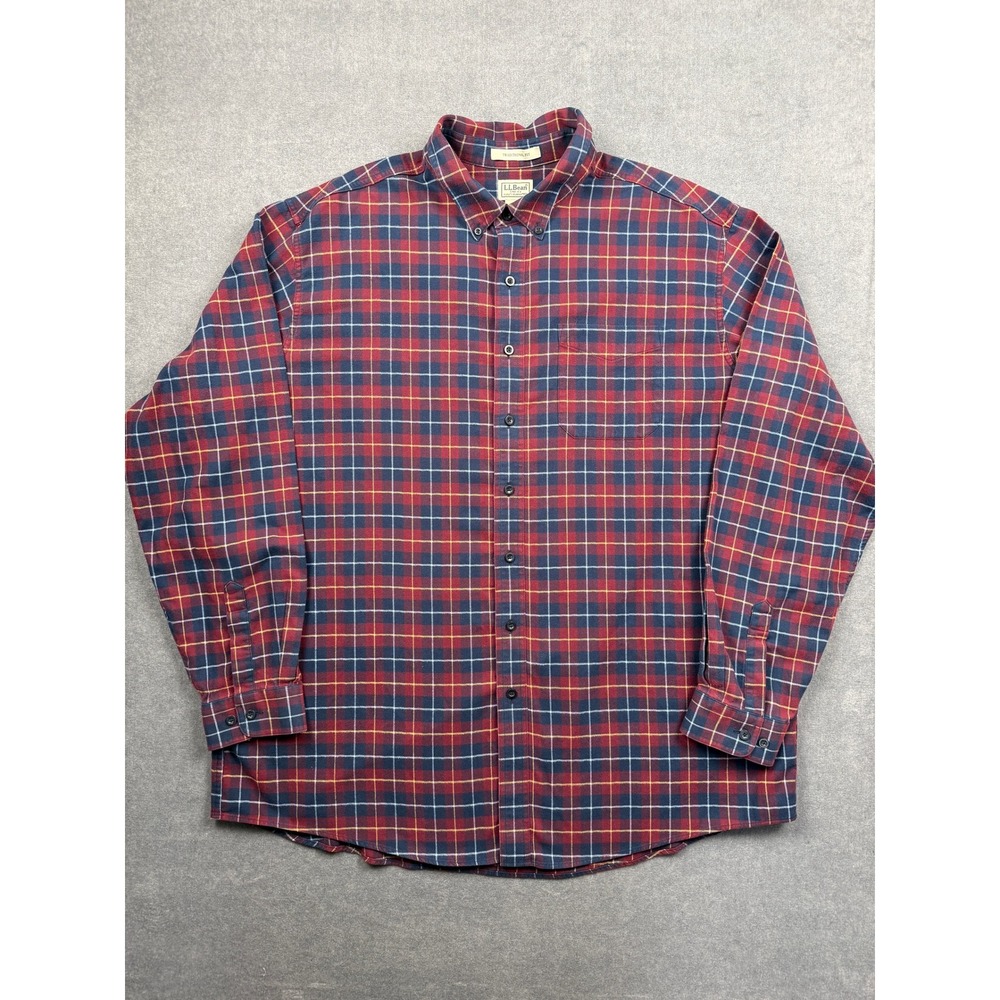 LL Bean Long Sleeve Button Down Shirt Mens XXL Tall Red Blue Plaid 100% Cotton‎